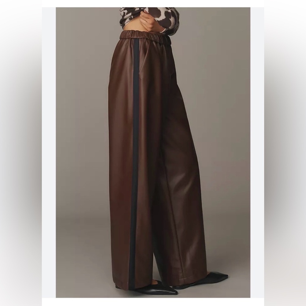 Anthropologie Maeve Wide-Leg Faux Leather Pants Dark Brown black striped xs